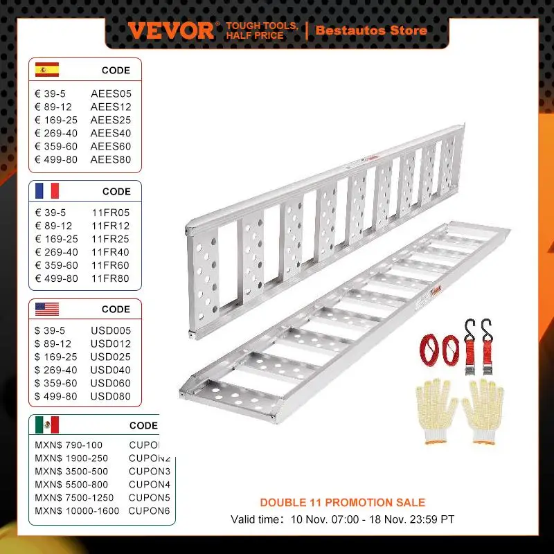 VEVOR Aluminum Ramps 1250lbs Straight Ramp with Treads and Load Straps Portable Loading Ramp for Motorcycles ATVs Trucks 2Pcs