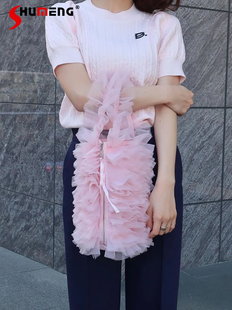 

Japanese Woman Cute Multi-Layer Mesh Handbag 2024 New Elegant Kawaii Sweet Pink Tulle Zipper Bucket Straps Bags for Women