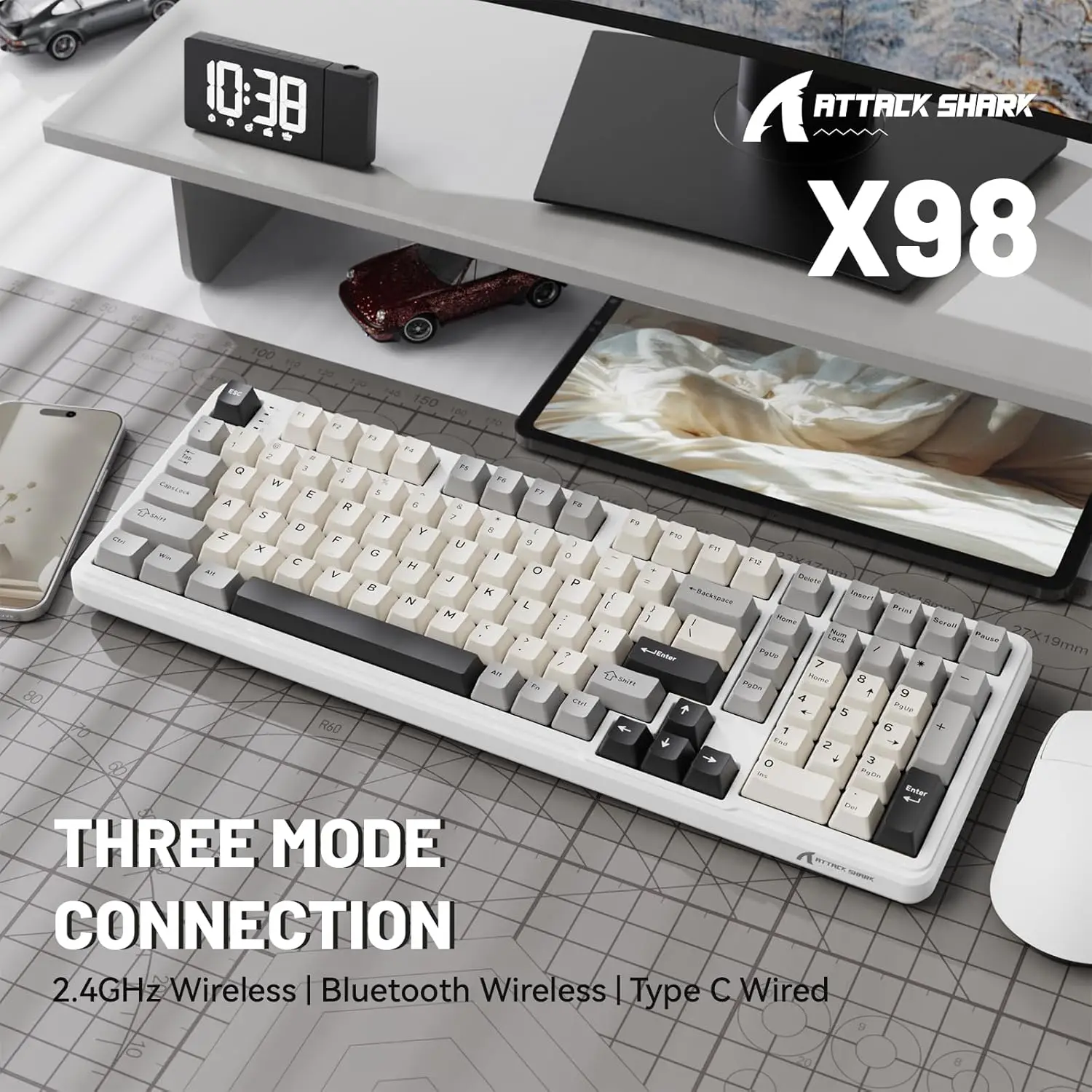 ATTACK SHARK X98 RGB Mechanical Gaming Keyboard with 102 Keys, with Numeric Keypad,Wireless & USB-C Wired Tri-Mode, 4000 mAh