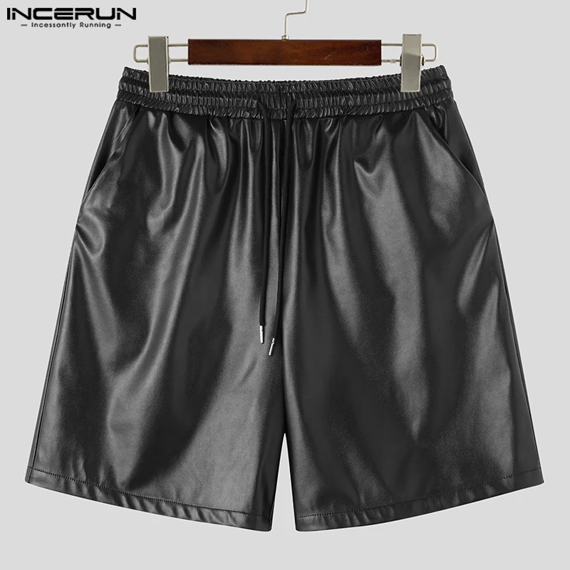 INCERUN 2023 Korean Style Men PU Leather Loose Comfortable Shorts Casual Well Fitting Solid Straight Tube All-match Shorts S-5XL