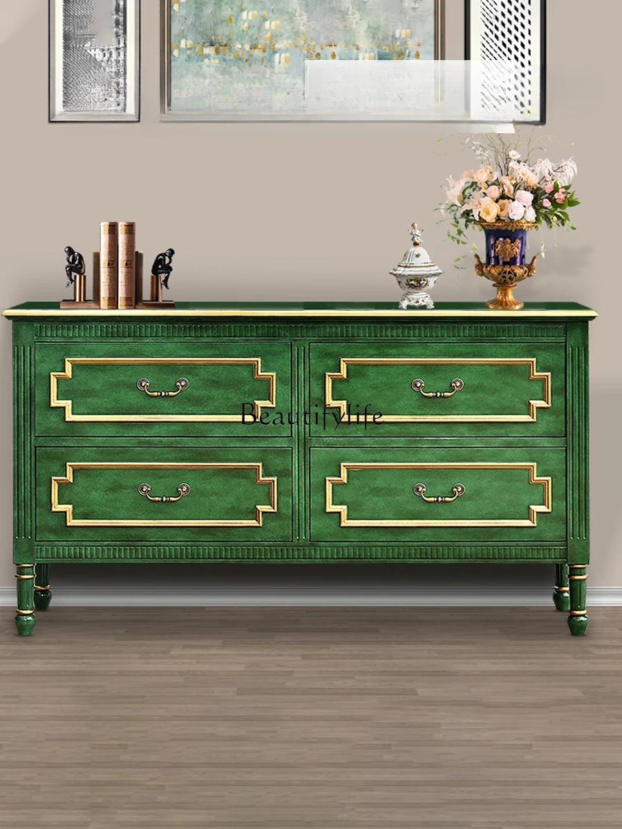 

American Country Solid Wood Bedroom Storage TV Locker Living Room Hallway Decoration Retro Green Sideboard Cabinet