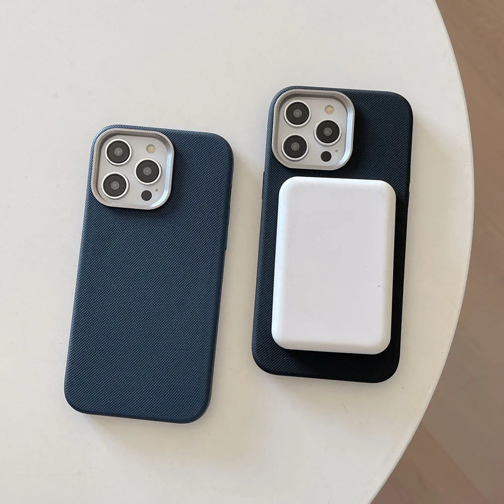 Diamond Texture Particle PU Leather Magnetic Magsafe Case with Alloy Lens Frame and Shockproof Cover