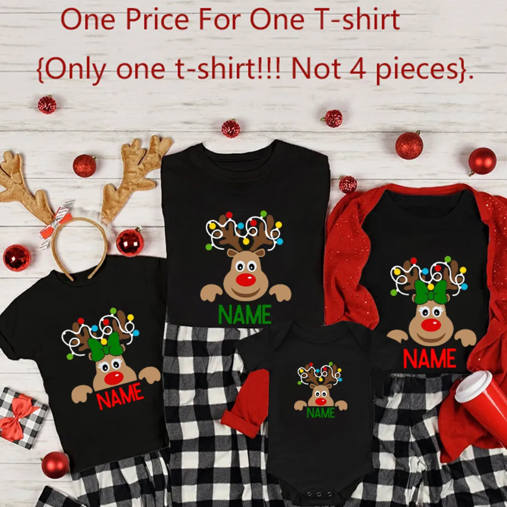 Camiseta navideña familiar de renos Camisetas navideñas familiares personalizadas Camiseta personalizada con nombre de papá, mamá, niño y bebé Ropa de regalo de Navidad