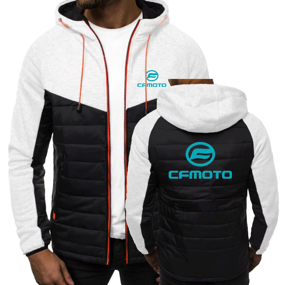 2023 New Spring Autumn Cfmoto Logo Printed Sports Solid Color Patchwork Hooded Design Zipper Casual Coat Warm Thin Padded Jacket