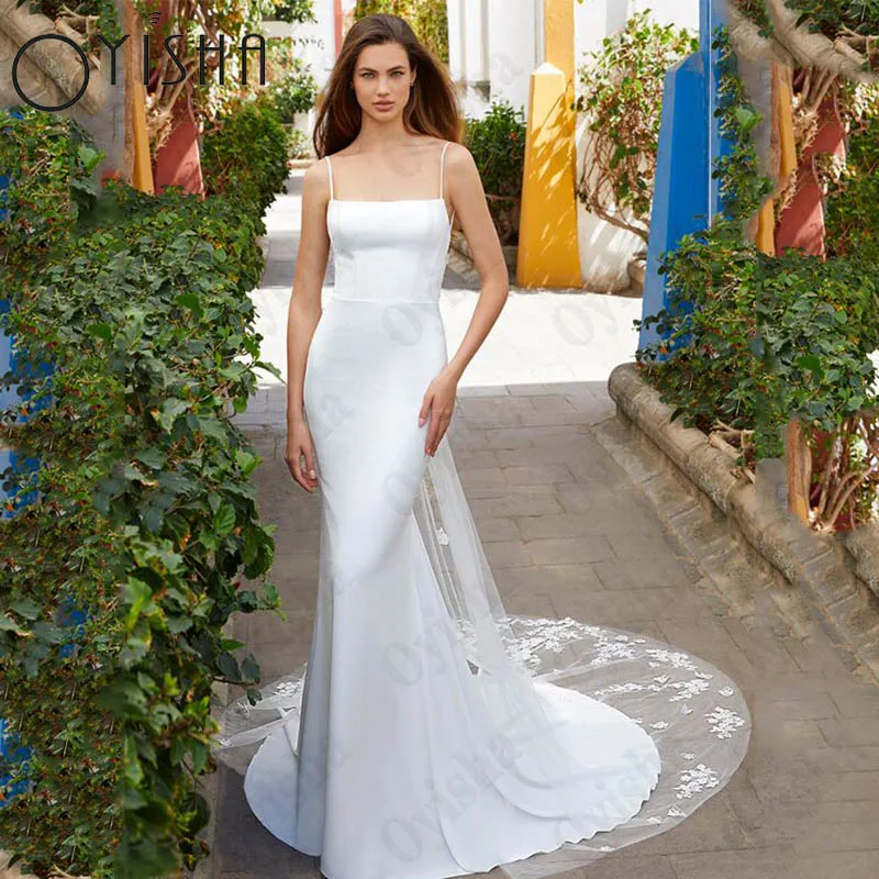 

Oyisha Square Collar Satin Wedding Dresses For Women Open Back Mermaid Bride Gowns Spaghetti Straps Vestido De Novia Custom Made