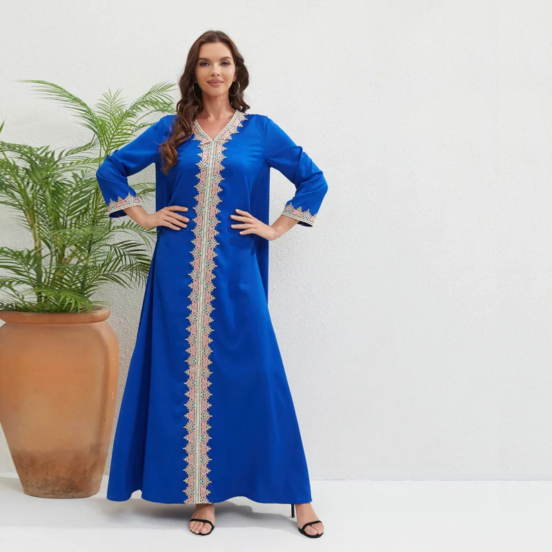 Abaya For Women Blue Ethnic Style V-neck Long Dress New Summer Vacuum Style Robe Long Skirt Fashion Dubai Muslin Islam Clothing