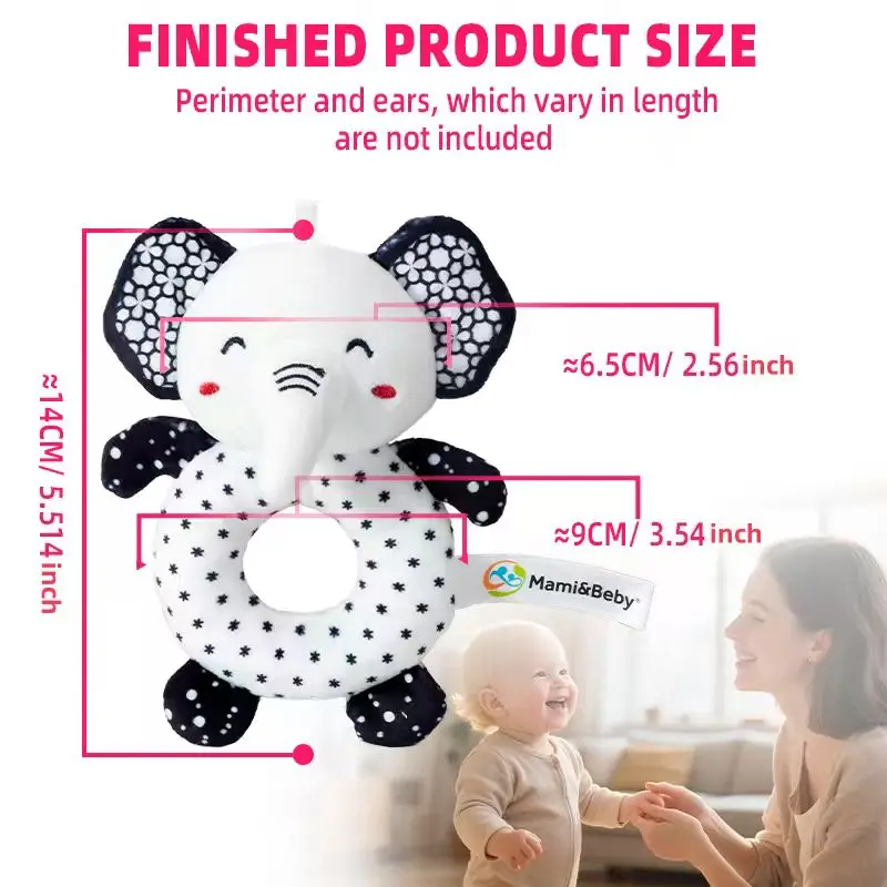 Baby Teething Rattle Toy with Squeaky Sound, Black and White Handheld Sensory Shaker for Newborn 0-12 Months, Cute Grip Ring for - 5