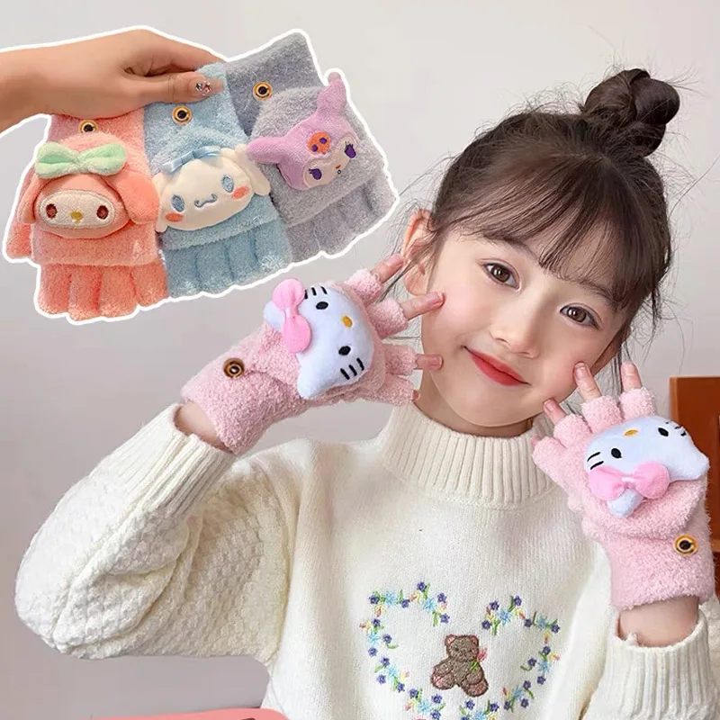 5-12 Years Children Gloves Winter Knitted Half Finger Flip Gloves Girls Boys Cute Cartoon Warm Thick Kids Mittens girl gloves