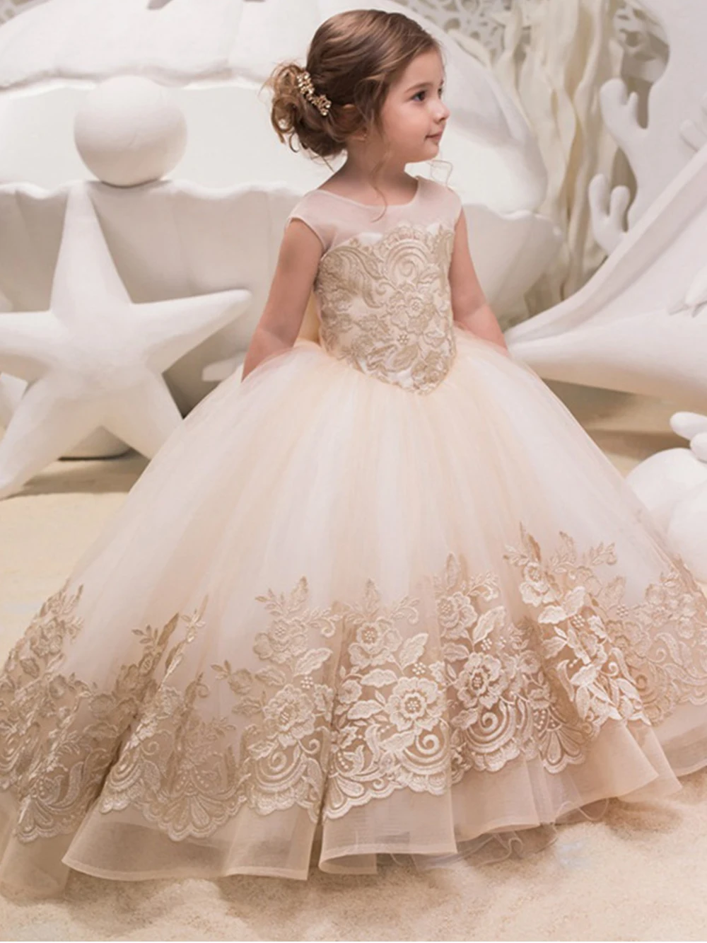 

Elegant Girl Ceremony Dress Sleeveless Applique Puffy Skirt Flower Girl For Wedding Party Dress Summer Girls' Stage Costumes