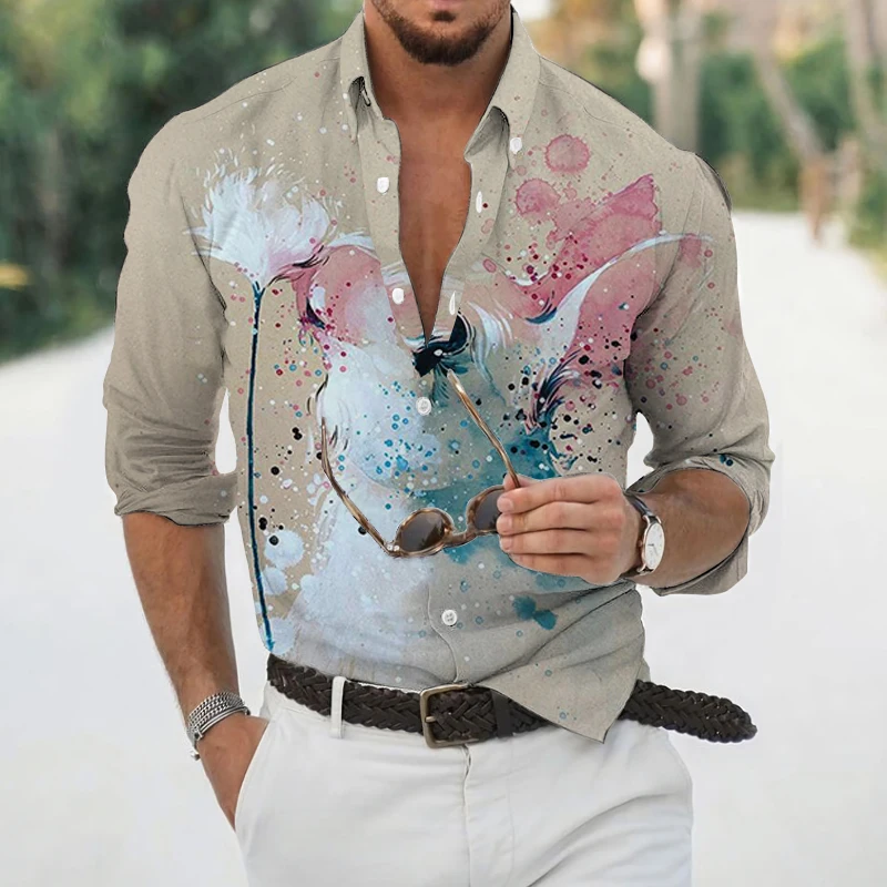 New Fashion Men's Long Sleeve Shirts Hawaiian Casual Streetwear Tops Graffiti Ink Painting 3D Printing Spring and Autumn Tops