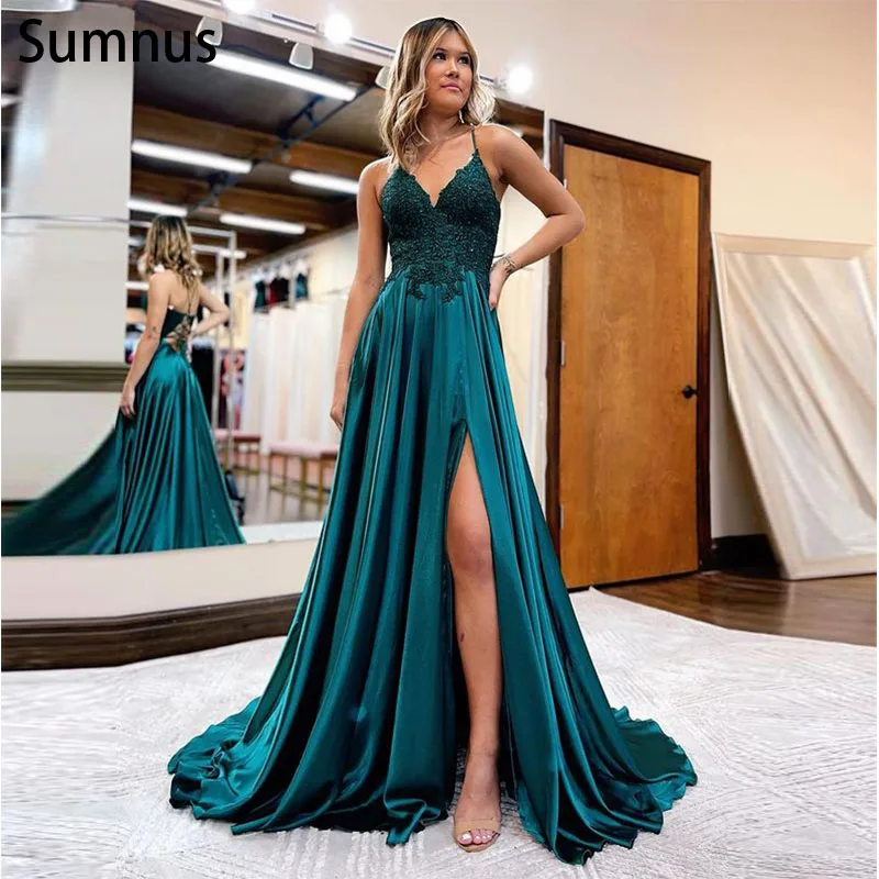 

Sumnus Vintage Spaghetti Strap Prom Evening Dresses Party Dress 2022 Lace High Side Split Cocktail Gown Saudi Arabia Dubai