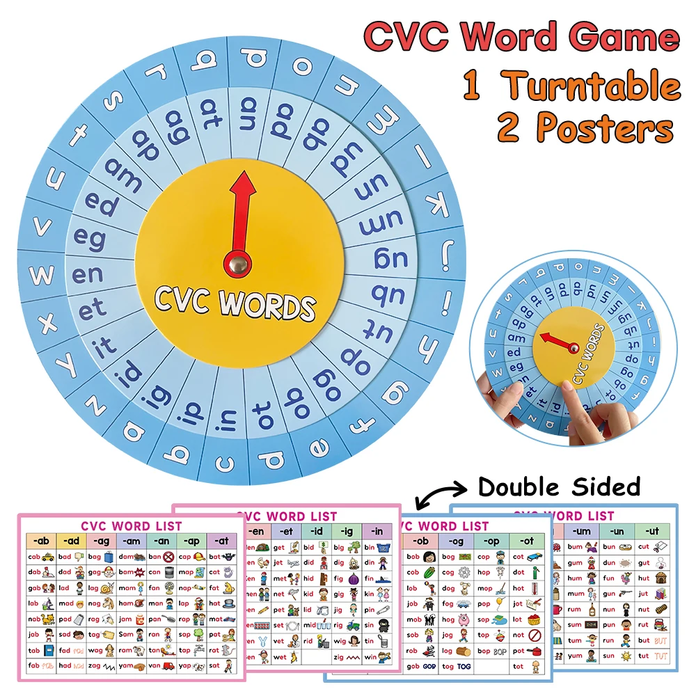 Montessori CVC Word List, CVC Phonics Turntable, Spinner Game, English Teacher Teaching Aids, Spelling Games Homeschool Supplies 2