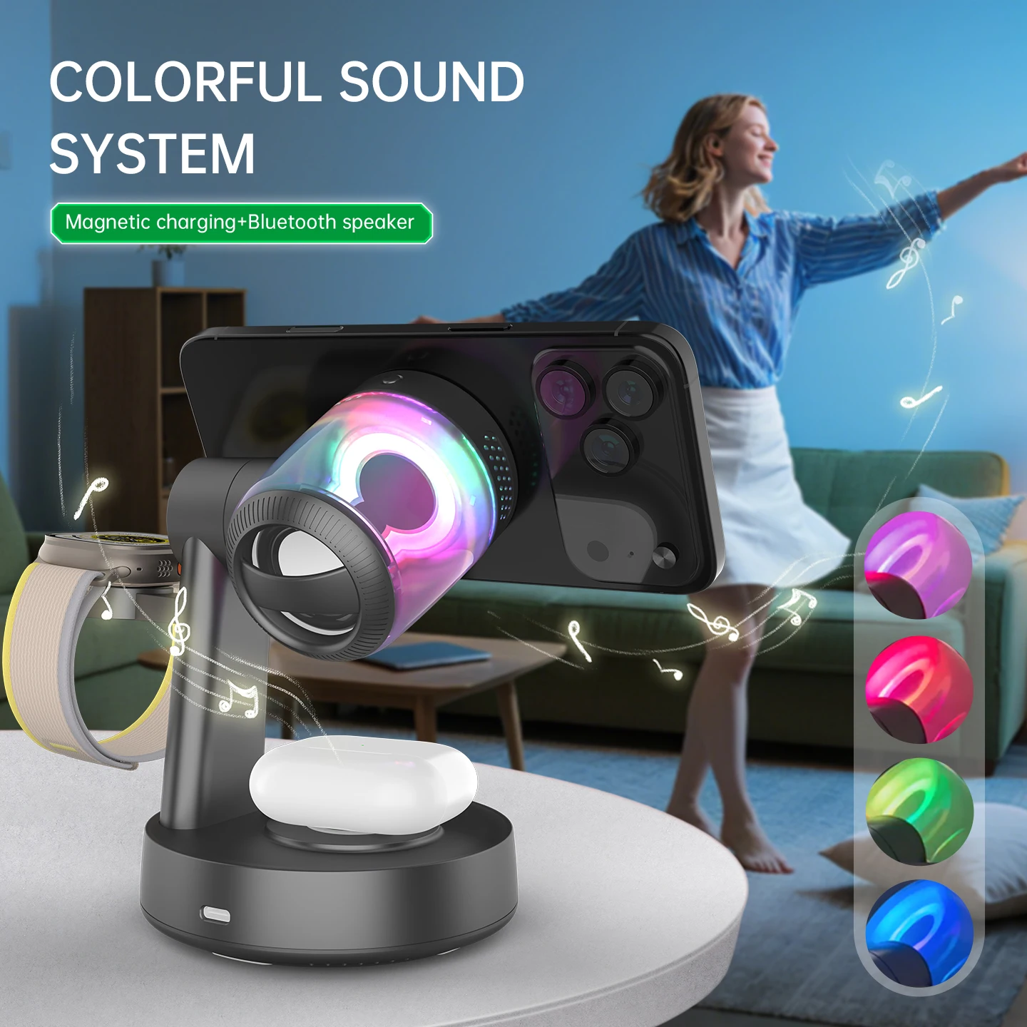 25W Qi2 마그네틱 3 in 1 무선 충전기 고속 충전 스테이션 (LED 블루투스 스피커 내장) 아이폰 17 16 삼성 S26 워치용