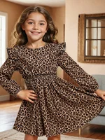 Robe décontractée pour filles avec imprimé léopard, manches longues, col goutte d'eau, petites manches bouffantes, plis à volants, tendance et simple, convient aux enfants de 3 à 10 ans, vêtements polyvalents pour diverses occasions estivales 3