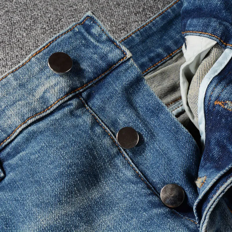 Street Fashion Men Jeans High Quality Retro Blue Stretch Skinny Fit Ripped Jeans Men Patched Designer Hip Hop Brand Pants Hombre