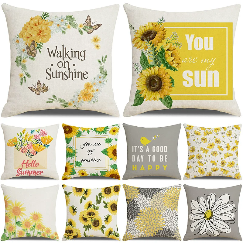 

Simple Yellow Square Cushion Cover Nordic Sunflower Pillowcase Custom 45x45cm English Letter Pillowslip Sofa Home Decoration