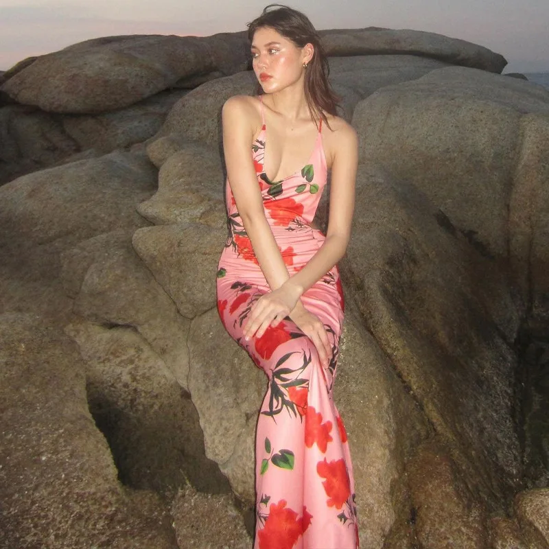 Vestido de moda con espalda descubierta y estampado para mujer, estilo vendaje, ajustado, elegante, de fiesta, con cordones, sexy, largo, para verano 2025