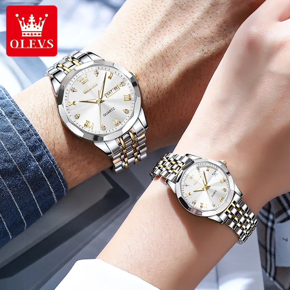 OLEVS Rhombus Design Couple Watch Set for His Hers Quartz Wristwatch Men Women Solid Stainless Steel Strap Lover's Watch Gifts