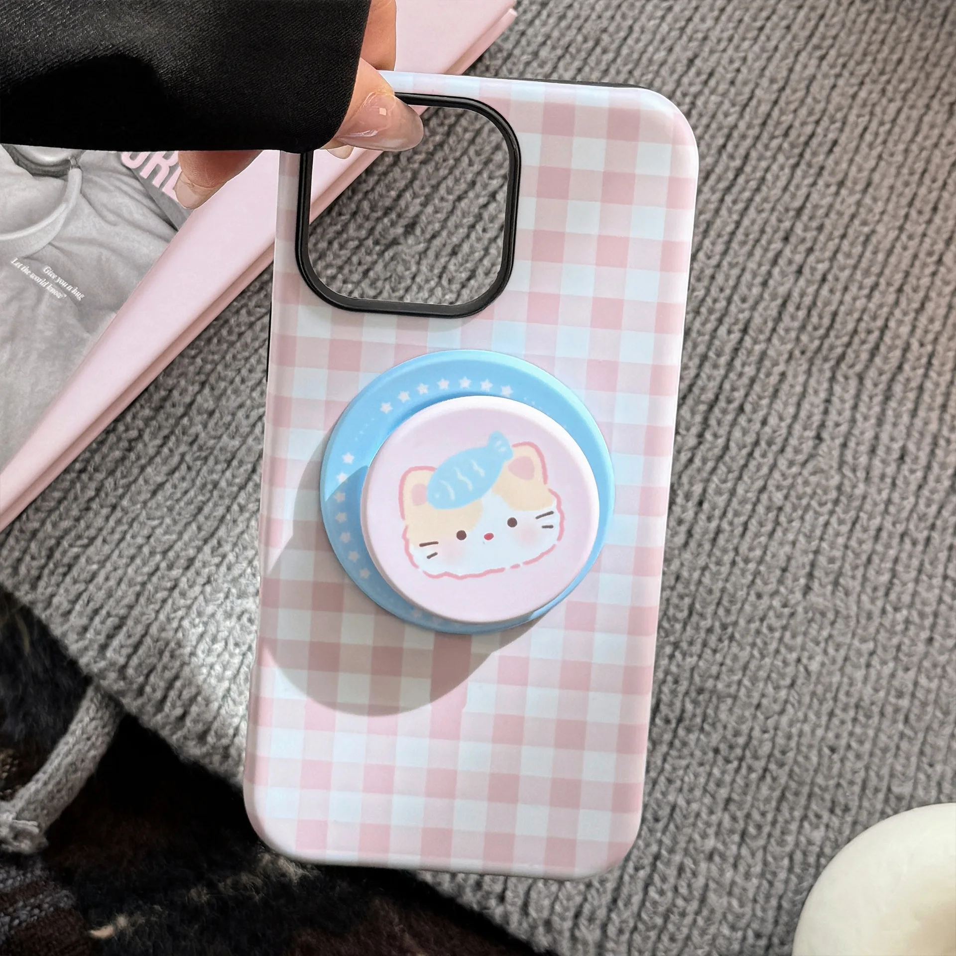 Korean Grid Pattern Cartoon Animals Magnetic Shockproof Phone Case Cover