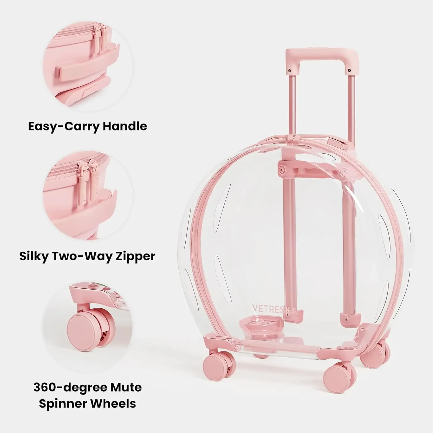VETRESKA Pet Carrier with 2 Mats, Pink Pet Transport Luggage with Wheels and Telescopic Handle