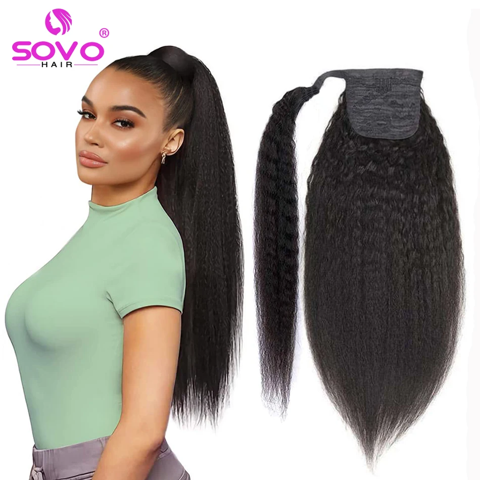 Kinky Straight Ponytail Yaki Human Hair Hairpiece Wrap on Clip In Hair Extensions Brown Pony Tail Natural Remy Brazilian Hair