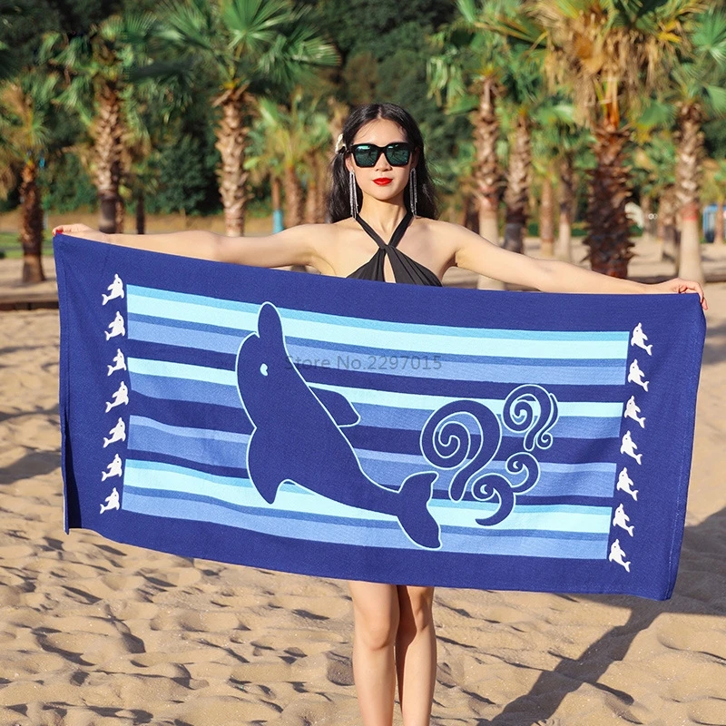 

Blue Dolphin Stripes Print Bath Towel Superfine Fiber Water Absorbent Towel Outdoor Travel Swimming Surfing Beach Towel Blanket
