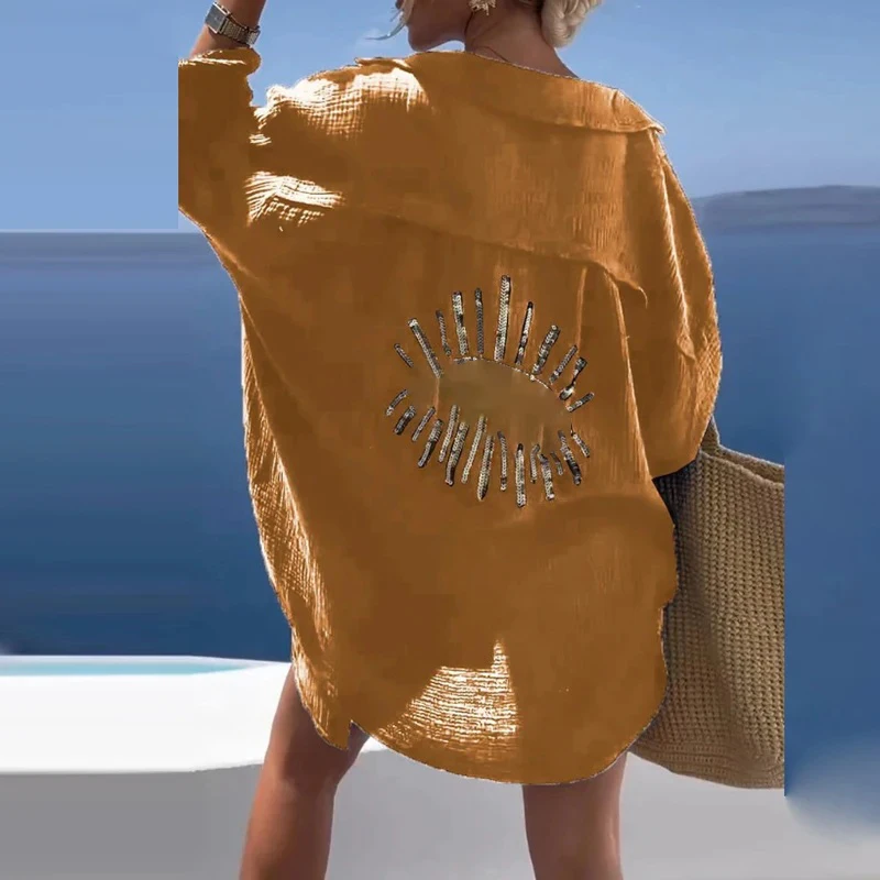 Beach Wear Women 2024 Spring Geometric Eye Sequin Top Casual Long Sleeve Loose Shirts Summer Turn-down Collar Button Long Blouse