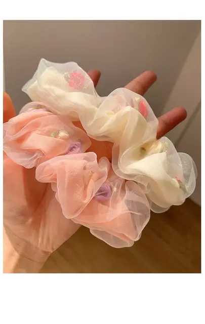Fashion Rose Flower Double Layer Organza Hair Scrunchies Spring Summer Romantic Hair Ties Chiffon Elastic Head Bands Hair Ropes 5