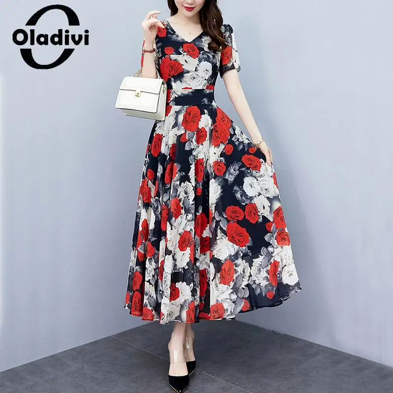 

Oladivi Large Size Women's Casual Loose Fashion Print A-Line Long Dress 2023 Summer New Oversized Dresses Female Tunic Robe 8647