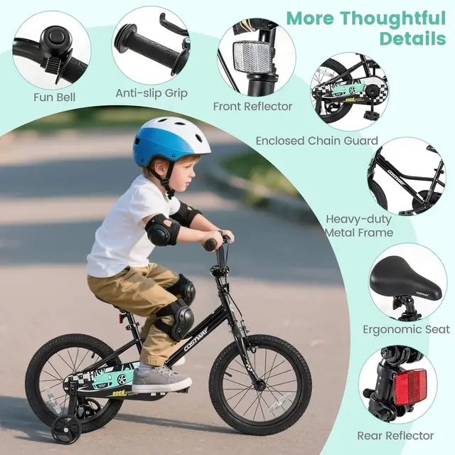 Children's 12-18 Inch Bike with Training Wheels, Pneumatic Tires, Adjustable Seat & Handlebar, Dual Brake System for Ages 3-8
