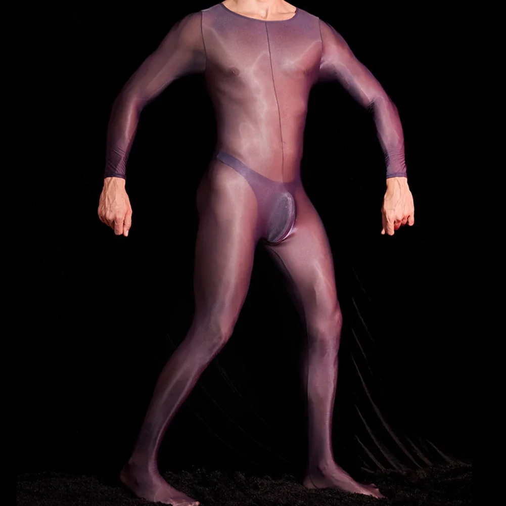 Men Polyester Long Sleeve Skin Sport Fitness Stretchy Bodysuit Underwear Bodystocking Crotchless