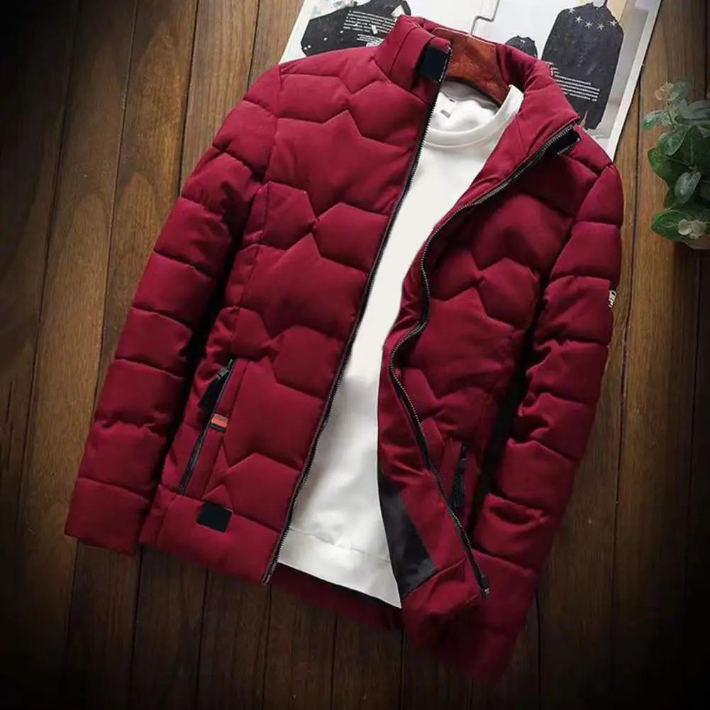 

Casual Jacket Stylish Men's Winter Overcoat Warm Slim Fit Outwear Coat with Pockets Zipper Closure Stand Collar Solid Color