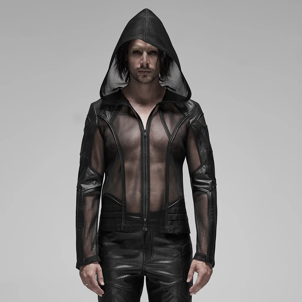 PUNK RAVE Men's Punk Mesh Hoodie Irregular Sleeve Plastic Teeth Zipper  Perspective Thin Short Coat Mens Hoodies