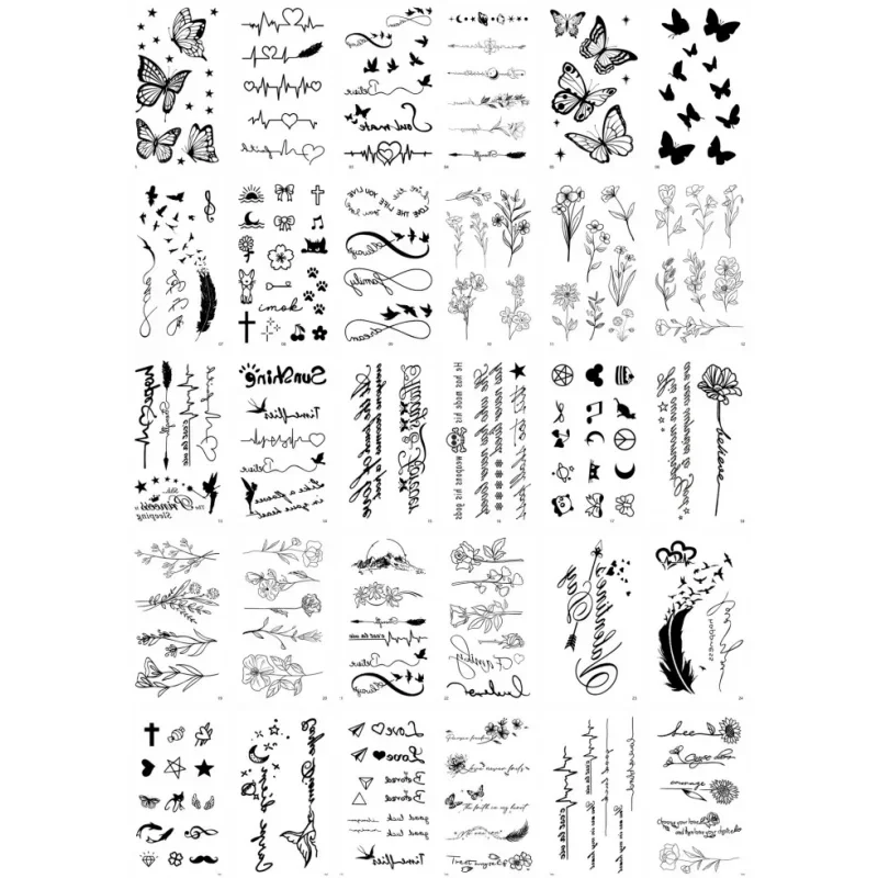 60pcs/pack Women Tattoo Waterproof Quote Tiny Flower Cross Line Painting Feather Butterfly Temporary Tattoos for Navel Feet Leg