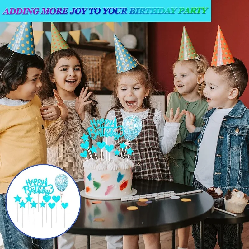 Confetti Balloon Cake Decor Happy Birthday Toppers with Star Heart Flags, DIY Cupcake Baking Party Decoration Kit (20pcs)