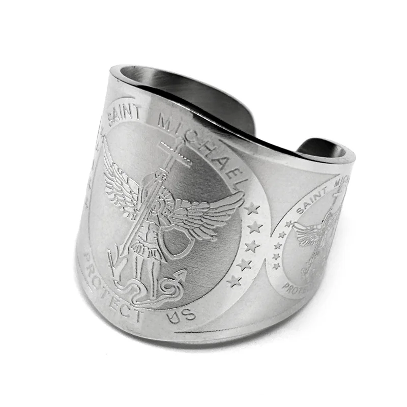 Archangel Saint Michael Protect Us Ring for Women Men Stainless Steel Gold Silver Color Adjustable Finger Rings Jewelry anillos – Detail 7