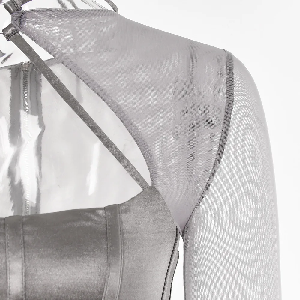 Asymmetrical See Through Sexy Women Clothes Solid Sheer Grey Elegant Corset Tops Club Mesh Outfits Long Sleeve Streetwear