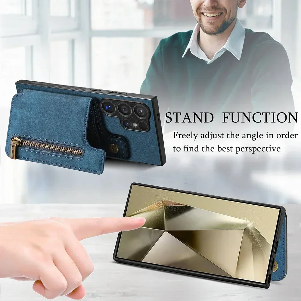 Magnetic Zipper Leather Wallet Phone Case - Premium Protective Cover with Card Slots and Kickstand