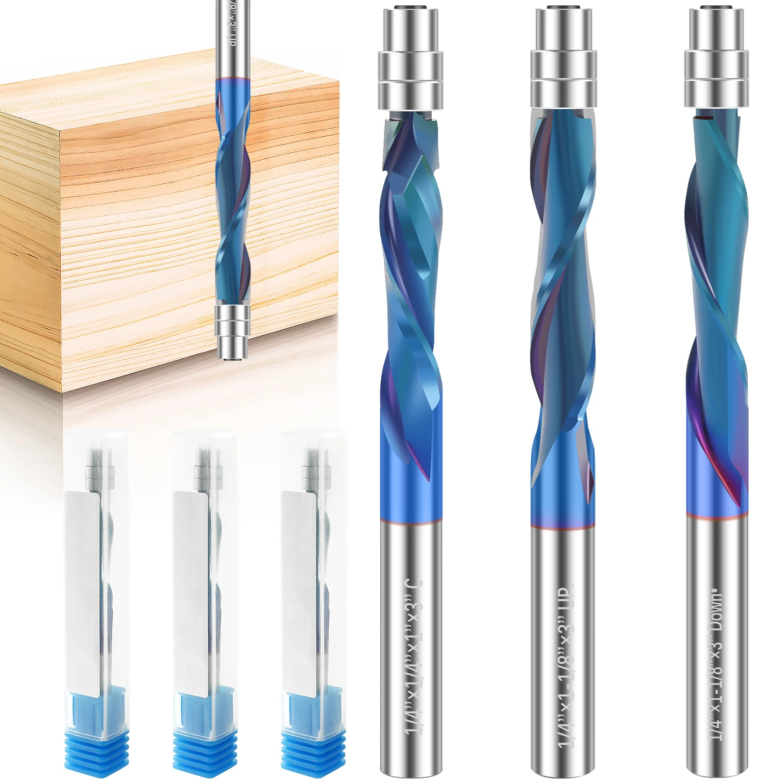 

3Pcs 1/4inch Shank Spiral Flush Trim Router Bit Set Carbide Top Bearing Flush Trim Bit High Hardness Spiral Bit with Up Down