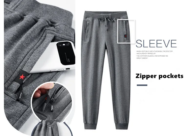 Boweylun New Cotton Autumn Casual Sweatpants Zipper Pocket Drawstring Pants Men Comfortable Large Size Solid Straight Pants