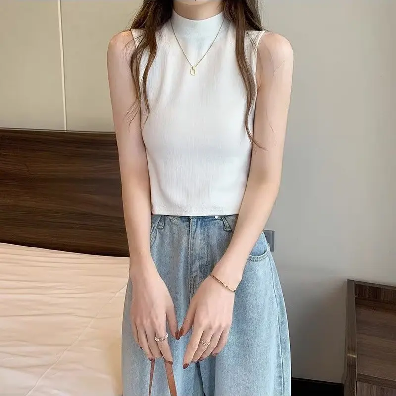 

Женский трикотажный жилет на бретельках, новый стиль 2023 года, свитер с полувысоким воротником, утепленная короткая рубашка без рукавов