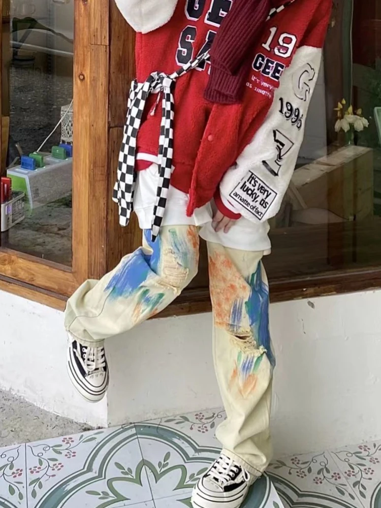 

Autumn Hand Painted Dyed Water Washed Women's Jeans, Straight Tube Casual Pants High Waist Thin Broken INS Street Style Pants