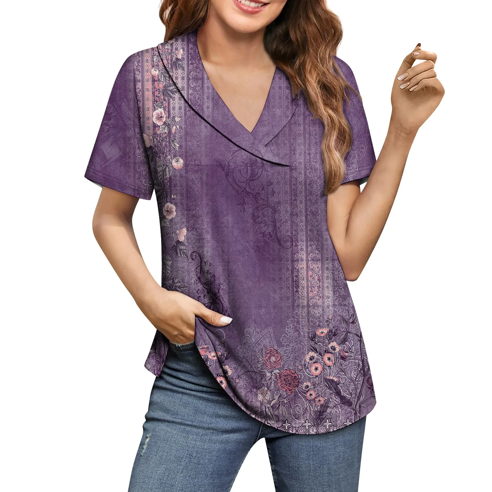 

Женский летний топ, Повседневная футболка с коротким рукавом и градиентным принтом, V-образным вырезом, топы с принтом, Женская Винтажная летняя одежда