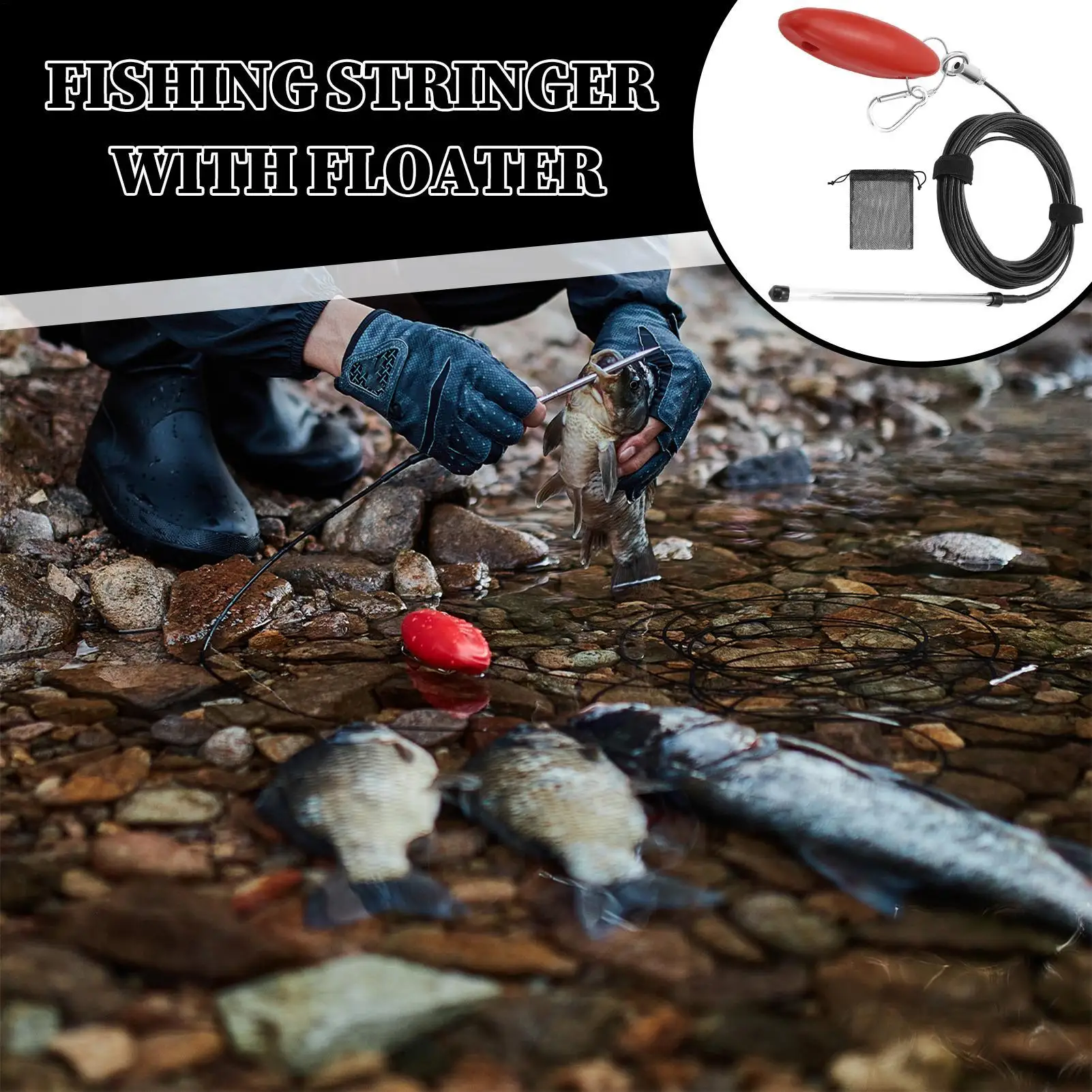 Fishing Stringer Gear Tackle With Holder For Freshwater Saltwater Outdoor River Lake Pond Reservoir Shore Morning Night