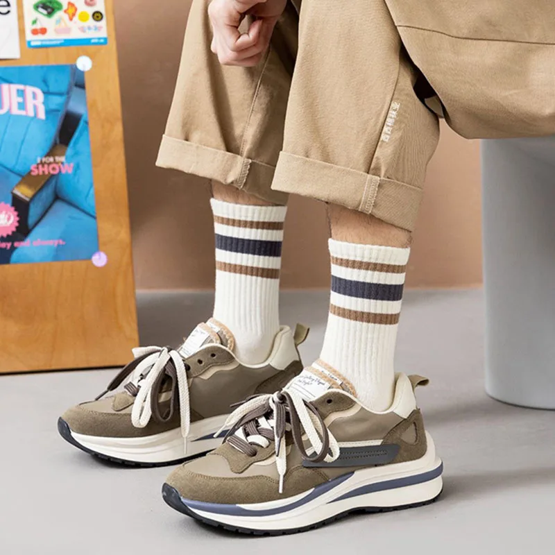 5 Pairs Men Autumn And Winter Striped Sports Socks Comfortable Breathable Wear-resistant Warm Polyester Cotton Mid Tube Socks 11