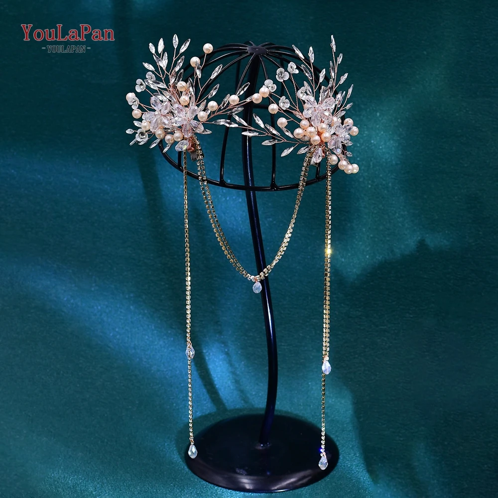 TOPQUEEN Bridal Hair Clips Tassels Bride Headpiece Wedding Women Hair Accessories Girls Metal Hair Chain Crystal Headwear HP679