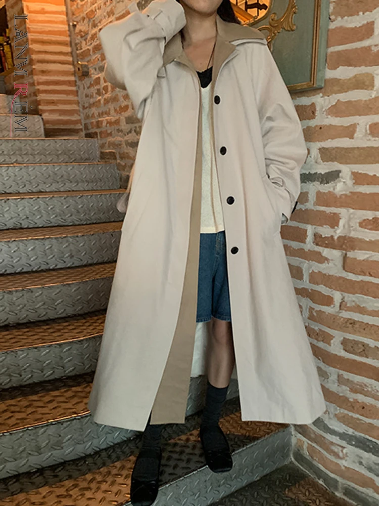 

LANMREM Fashion Color Block Windbreaker Women Patchwork Lapel Belt Single Breasted Trench Coat 2023 Autumn New Clothing 2AA1829