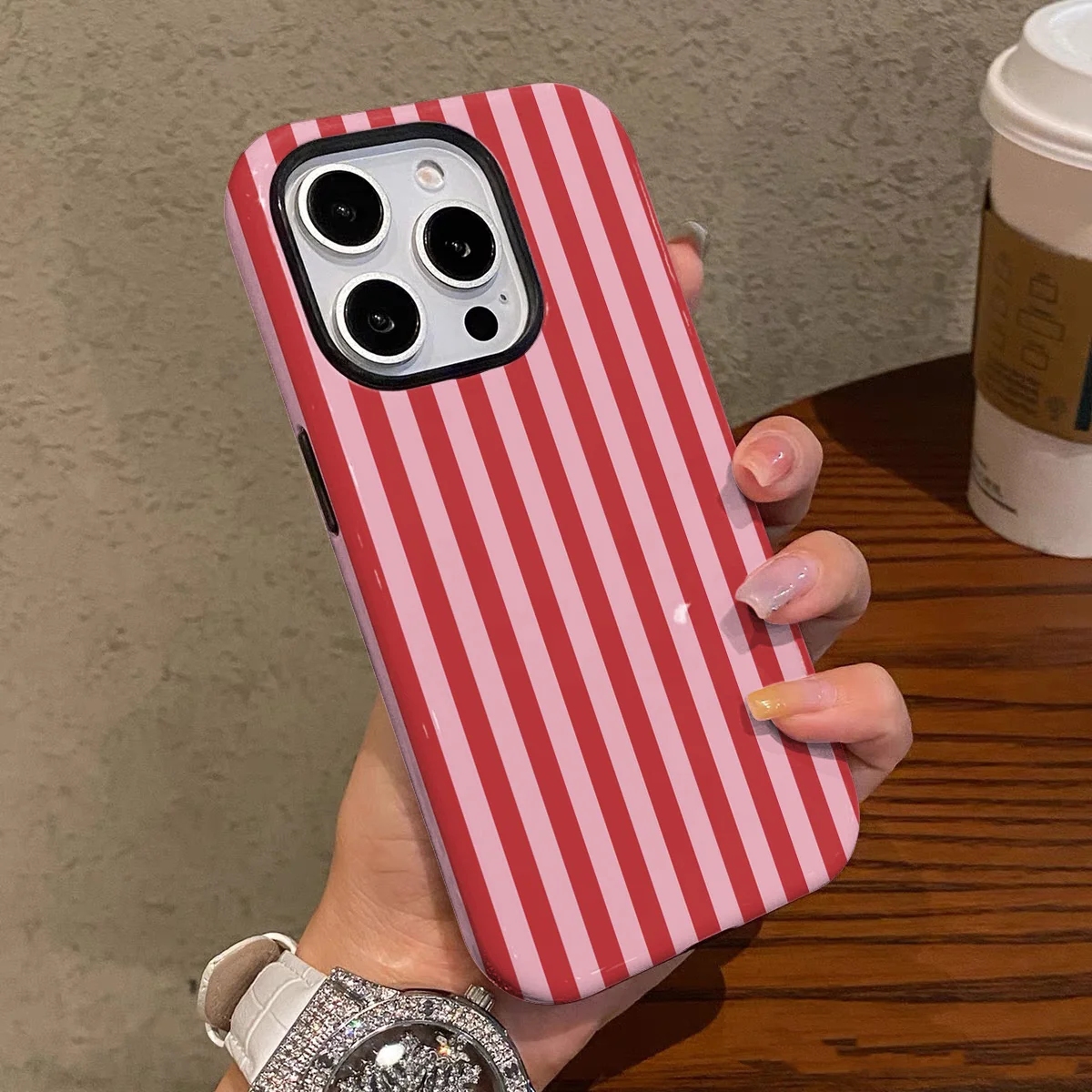 Luxury Double-Layer Pink Striped Phone Case with Fashion Design