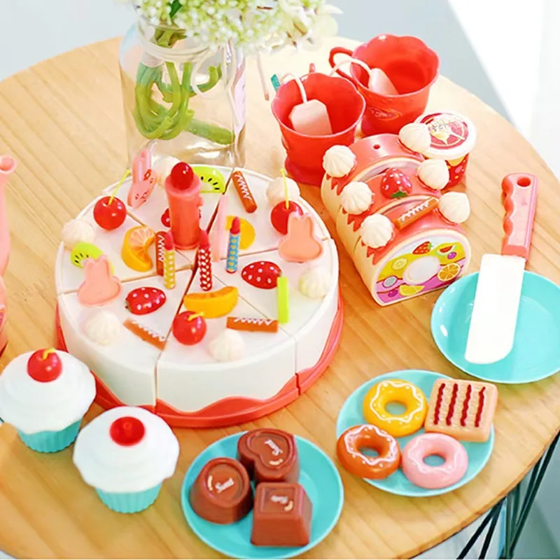 85Pcs Children's Birthday Cake Toys Play Home Afternoon Tea Birthday Party Set Kitchen Toys with Light Music Early Education