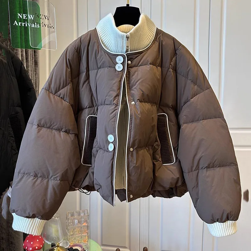 

New Womens Knitted Stand Collar Splicing Fake Two Down Cotton Coat Autumn Winter Warm Jacket Oversized Female Padded Jackets 4XL